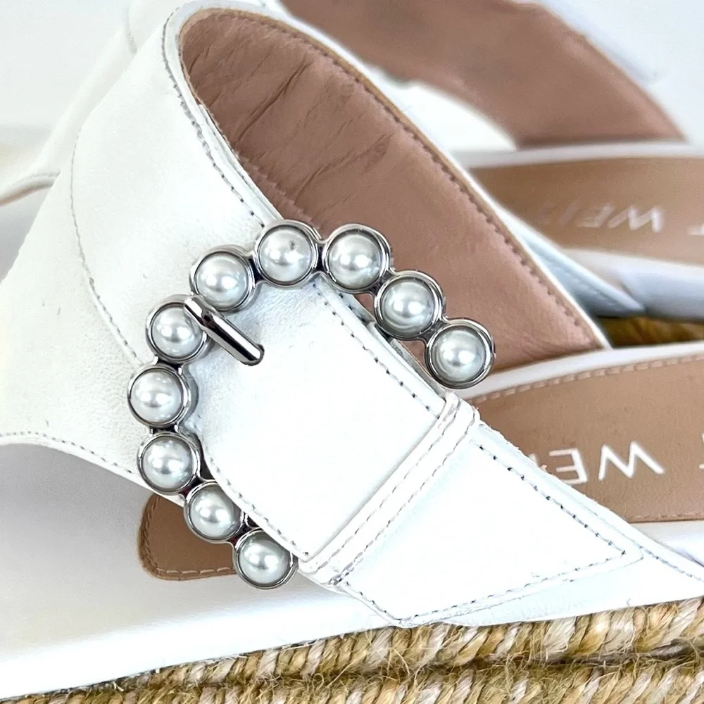 STUART WEITZMAN White Leather Pearl Buckle Thong Slip Espadrille Sandals Sz 6.5